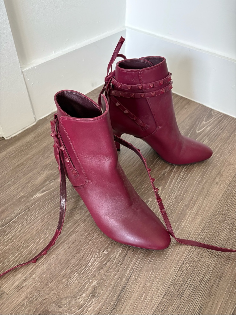 Valentino Garavani Wine Red Studded Pointed Ankle Boots
